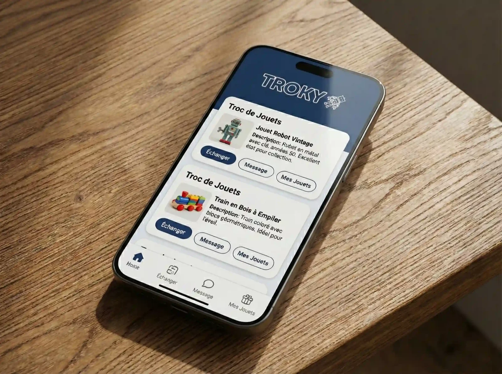 Troky - Application mobile pour échanger des jouets et jeux de société. Marketplace C2C axée sur l'économie circulaire.